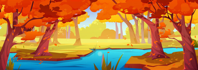 River in autumn forest nature vector cartoon landscape. Falling leaves from tree scene and beautiful stream near meadow or glade. Orange grass and woods panoramic wilderness environment backdrop