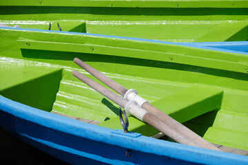 Pair of oars in a green rowing boat