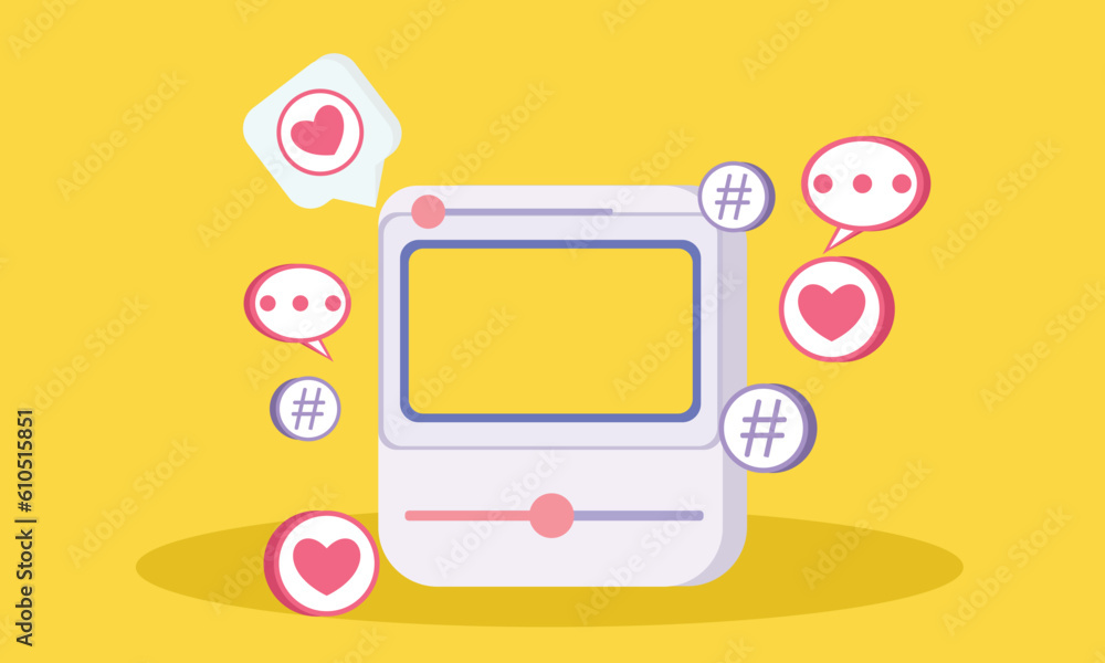 Aufkleber social media display with picture frames like buttons and geometric shapes.