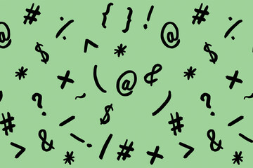 pattern with the image of keyboard symbols. Punctuation marks. Template for applying to the surface. pastel yellow green background. Horizontal image.