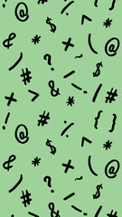 pattern with the image of keyboard symbols. Punctuation marks. Template for applying to the surface. pastel yellow green background. Vertical image.