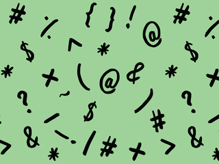 pattern with the image of keyboard symbols. Punctuation marks. Template for applying to the surface. pastel yellow green background. Horizontal image.