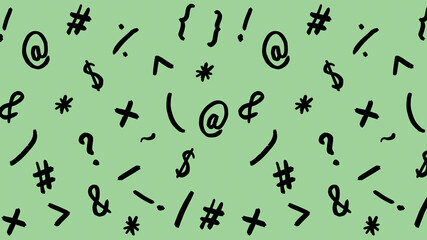 pattern with the image of keyboard symbols. Punctuation marks. Template for applying to the surface. pastel yellow green background. Horizontal image. - obrazy, fototapety, plakaty