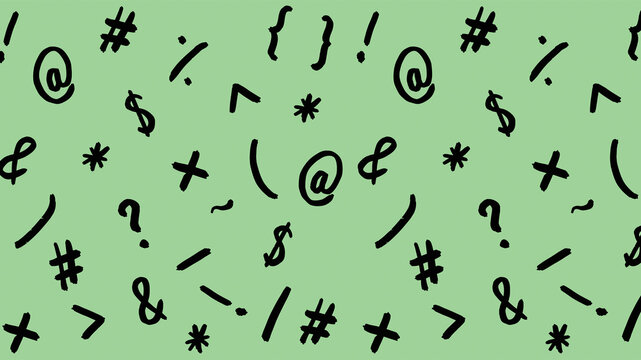pattern with the image of keyboard symbols. Punctuation marks. Template for applying to the surface. pastel yellow green background. Horizontal image.