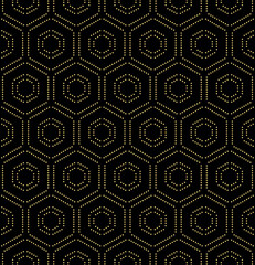 Geometric repeating ornament with golden hexagonal dotted elements. Geometric golden modern ornament. Seamless abstract modern pattern