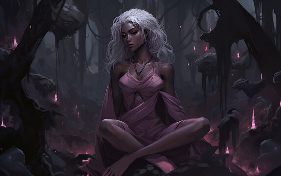 Dark elf with flowing white hair sits cross-legged in the middle of a dark gothic forest, Generative AI