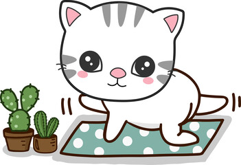 Cute Cat meditating with yoga.  Png clipart isolated on transparent background