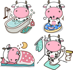 Set of Cute Cow cartoon character posing in different situations.   Png clipart isolated on transparent background