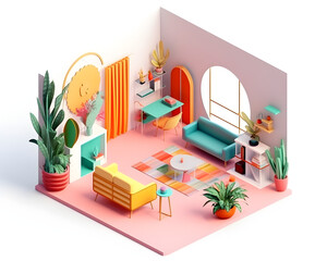 isometric 3d render of a modern living room