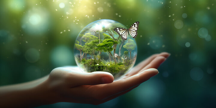 Earth crystal glass globe in human hand and flying peacock eye butterflies on grass