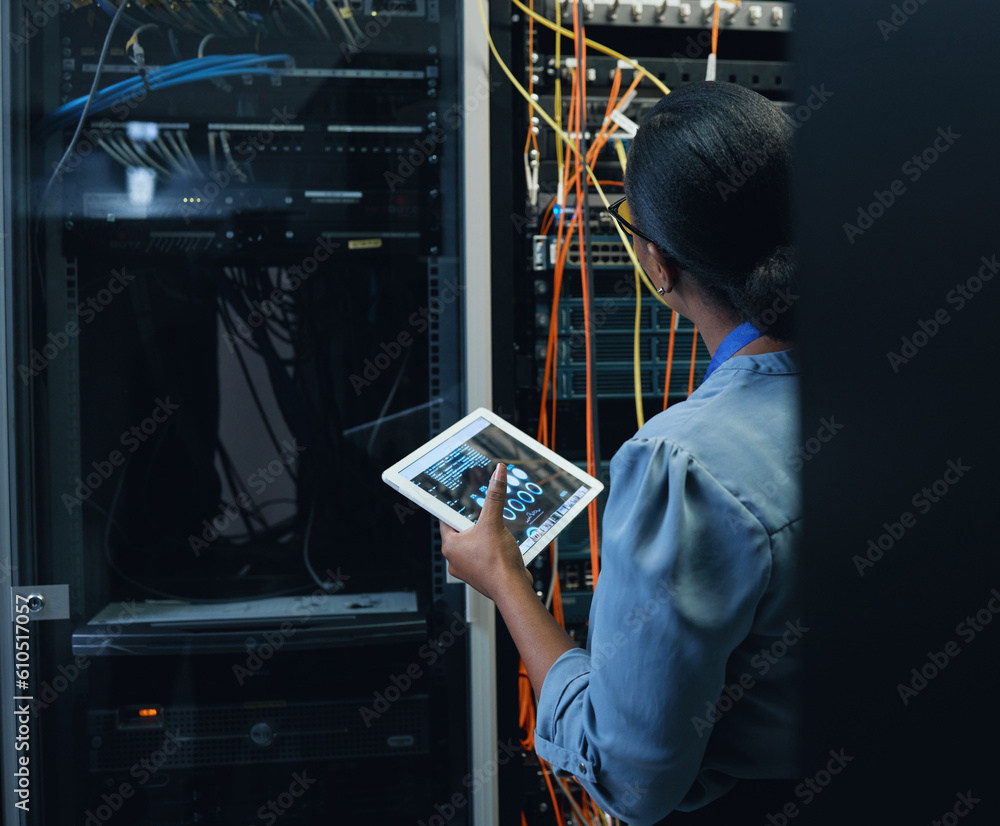 Poster Server room, engineer and woman with a tablet for programming, cybersecurity or cable maintenance. Black female technician or IT in datacenter for network, software system upgrade with technology