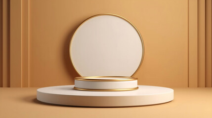 Mock up product stand gold rimmed white podium backdrop, glod color wall, luxurious, modern and mimimal style background. Generative AI