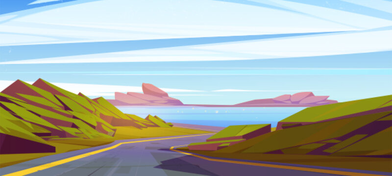 Cartoon road to ocean coastal vector illustration. Sky and asphalt highway to sea trop on sunny vacation scene. Empty seascape with boulder and rock nature environment. Serpentine roadway background