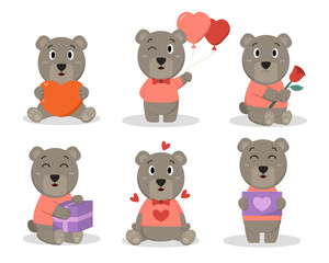 Set of cute brown bear on valentine day concept vector
