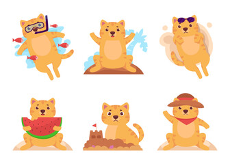 set of Cute cat with various activity on summber illustration