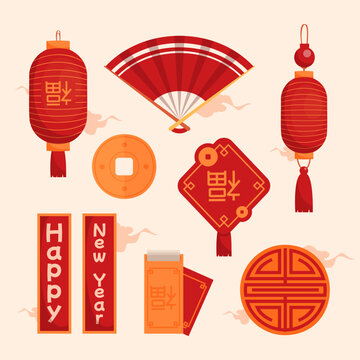 Set of items chinese new year in cartoon design illustration