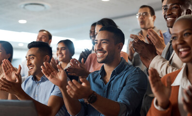 Applause, support and wow with a business team clapping as an audience at a conference or seminar....