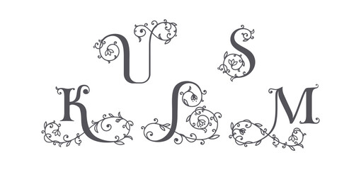 Collection of botanical, initial, letter female logos with rose organic plant elements. Delicate monograms for wedding, boutique