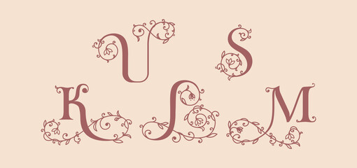 Collection of botanical, initial, letter female logos with rose organic plant elements. Delicate monograms for wedding, boutique