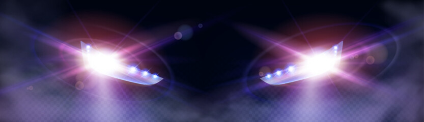 Realistic car headlight flare with smoke at night. Road light beam glow with fog effect vector isolated illustration. 3d flash neon bulb vehicle technology shiny glare. Lense ray png with mist