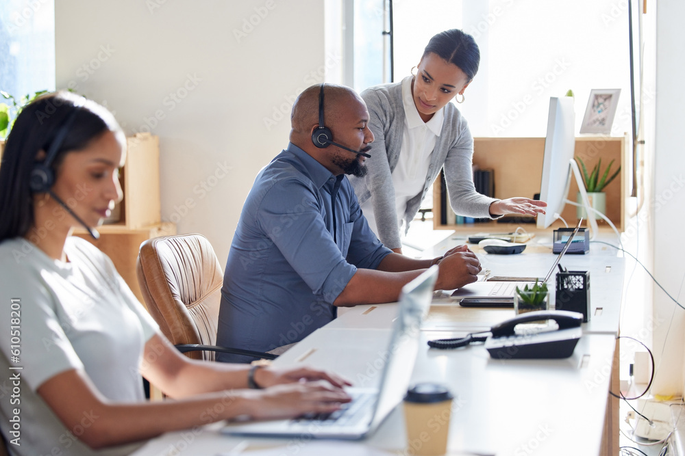Aufkleber call center, crm or support with a manager and consultant at work in an office for assistance. conta