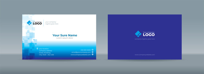 Set of double sided business card templates with abstract random transparent white rectangle on white and blue background