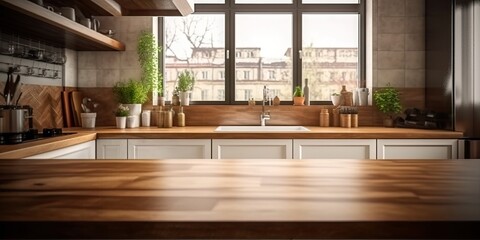 Kitchen room in  Spacious Home. Wooden tabletop in a modern interior