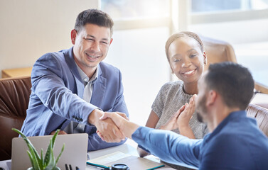 Business people, handshake and applause in meeting for partnership, b2b agreement or hiring at office. Happy group of employees shaking hands and clapping in recruitment, teamwork or corporate growth