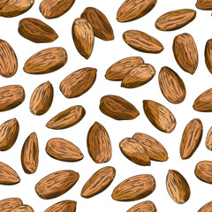 Almond nuts seamless pattern in colored sketch style, vector illustration on white background.