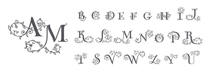 Collection of botanical, initial, letter female logos with rose organic plant elements. Delicate monograms for wedding, boutique