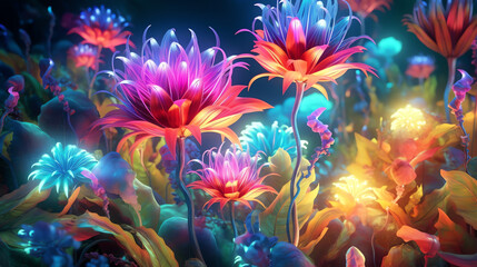 Obraz na płótnie Canvas Magical bioluminescent flowers glowing in neon colors - Generative AI