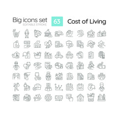 Cost of living linear icons set. Well being. Household budget. Financial sustainability. Standard of living. Customizable thin line symbols. Isolated vector outline illustrations. Editable stroke