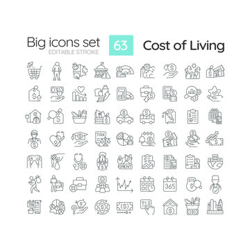 Cost of living linear icons set. Well being. Household budget. Financial sustainability. Standard of living. Customizable thin line symbols. Isolated vector outline illustrations. Editable stroke