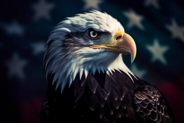 Obraz premium Portrait of Bald Eagle bird in front of blurry American flag in background . Generative AI illustration