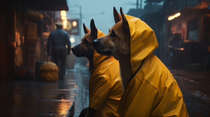 Two dogs in yellow raincoats sitting on a bench Generative Ai
