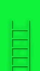 Green staircase on green background. Staircase stands vertically near wall. Way to success concept. Vertical image. 3d image. 3D rendering.