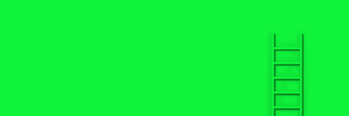 Green staircase on green background. Staircase stands vertically near wall. Way to success concept. Horizontal image. 3d image. 3D rendering. Banner for insertion into site.