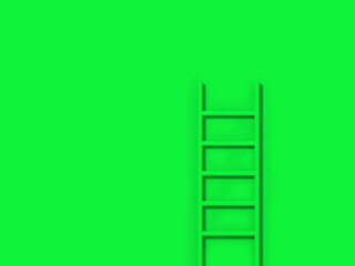 Green staircase on green background. Staircase stands vertically near wall. Way to success concept. Horizontal image. 3d image. 3D rendering.
