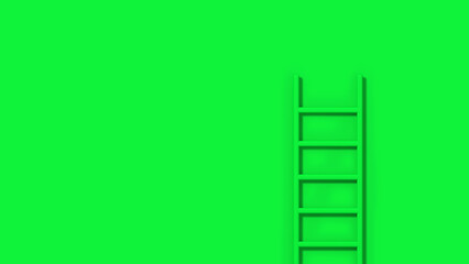 Green staircase on green background. Staircase stands vertically near wall. Way to success concept. Horizontal image. 3d image. 3D rendering.
