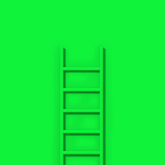 Green staircase on green background. Staircase stands vertically near wall. Way to success concept. Square image. 3d image. 3D rendering.