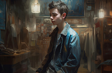 Obraz premium An oil painting of a teen boy wearing a denim jacket Generative Ai