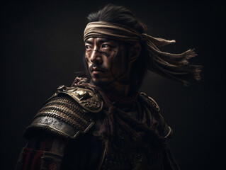 A samurai warrior with a bandana on his head isolated on a black background Generative Ai
