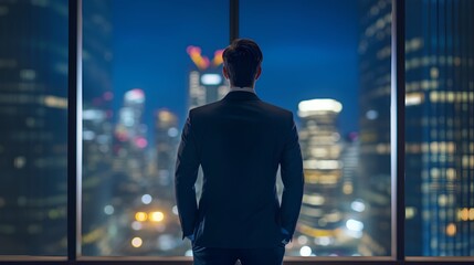 Fototapeta premium Businessman in a suit captured from behind. The executive's solitary stance, symbolizing the unique challenges, decisions, and responsibilities inherent in corporate leadership. Generative AI