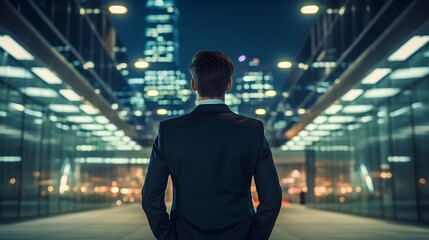 Fototapeta na wymiar Businessman in a suit captured from behind. The executive's solitary stance, symbolizing the unique challenges, decisions, and responsibilities inherent in corporate leadership. Generative AI