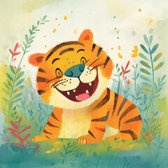 Obraz na płótnie Canvas A tiger sitting in the grass children's book illustration Generative Ai