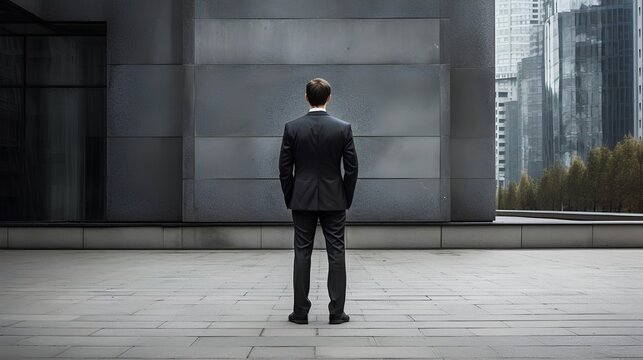 Businessman in a suit captured from behind. The executive's solitary stance, symbolizing the unique challenges, decisions, and responsibilities inherent in corporate leadership. Generative AI