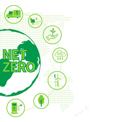 Net Zero natural environment. A climate-neutral long-term strategy greenhouse gas emissions targets with green net center icon. goal of carbon neutrality by 2050. vector illustration. copyspace.