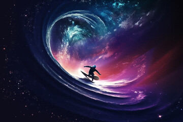 Obraz na płótnie Canvas Astronaut surf on a surfboard in space with stars