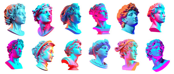 Collection of statues of female heads in modern and bright colors. Generative AI