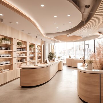 Retail store layout, clean modern, tall ceilings and great lighting